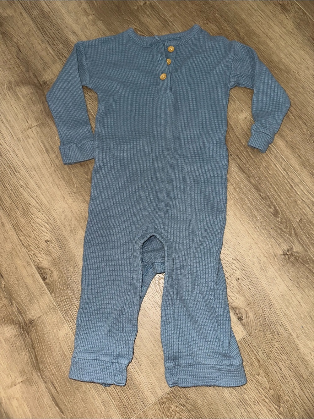 Blue Waffle Knit Long-Sleeve Kids One-Piece